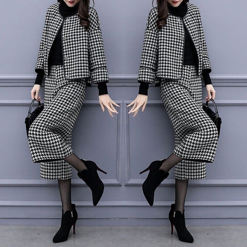 Women's Clothing Retro Checkered Tweed Set – Women’s Short Jacket & Wide-Leg Pants (Matching Outfit)_ecoleips.com