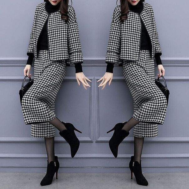 Women's Clothing Retro Checkered Tweed Set – Women’s Short Jacket & Wide-Leg Pants (Matching Outfit)_ecoleips.com