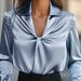 Women's Clothing Elegant V-Neck Twist Front Blouse – Light Blue Satin Shirt With Draped Knot Detail, Long Sleeve Retro Office Wear (S/M/L/XL)_ecoleips.com