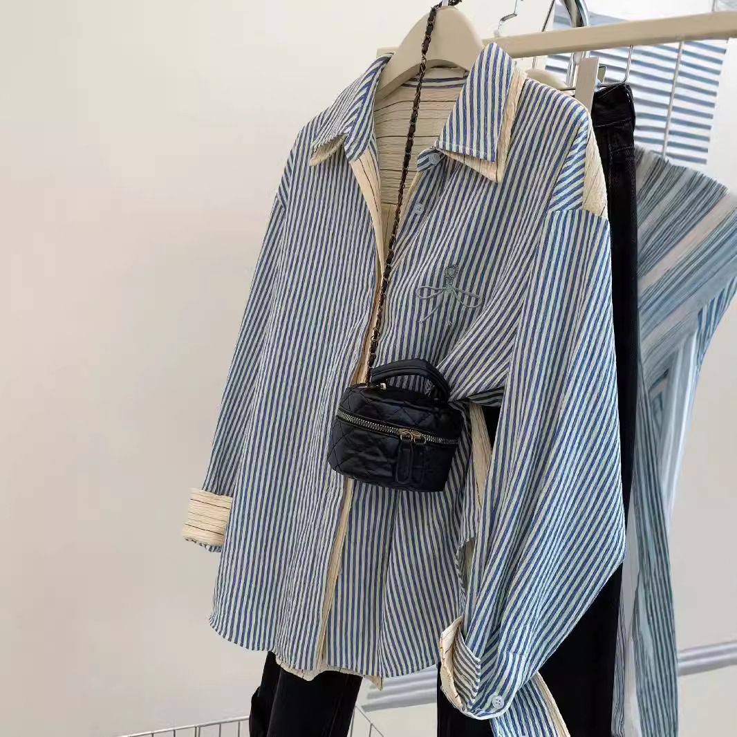 "Korean-Style Off-Shoulder Striped Shirt Jacket – Faux Two-Piece Long Sleeve Top For Women (S-2XL)"_ecoleips.com
