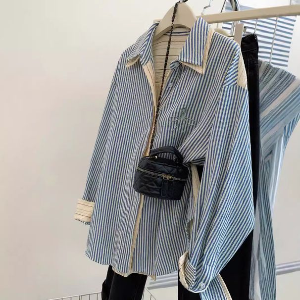 "Korean-Style Off-Shoulder Striped Shirt Jacket – Faux Two-Piece Long Sleeve Top For Women (S-2XL)"_ecoleips.com