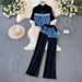 Women's Clothing Short-Sleeved Spliced Denim T-Shirt High Waist Casual Straight Pants Set High Waist Two-Piece Suit Design_ecoleips.com