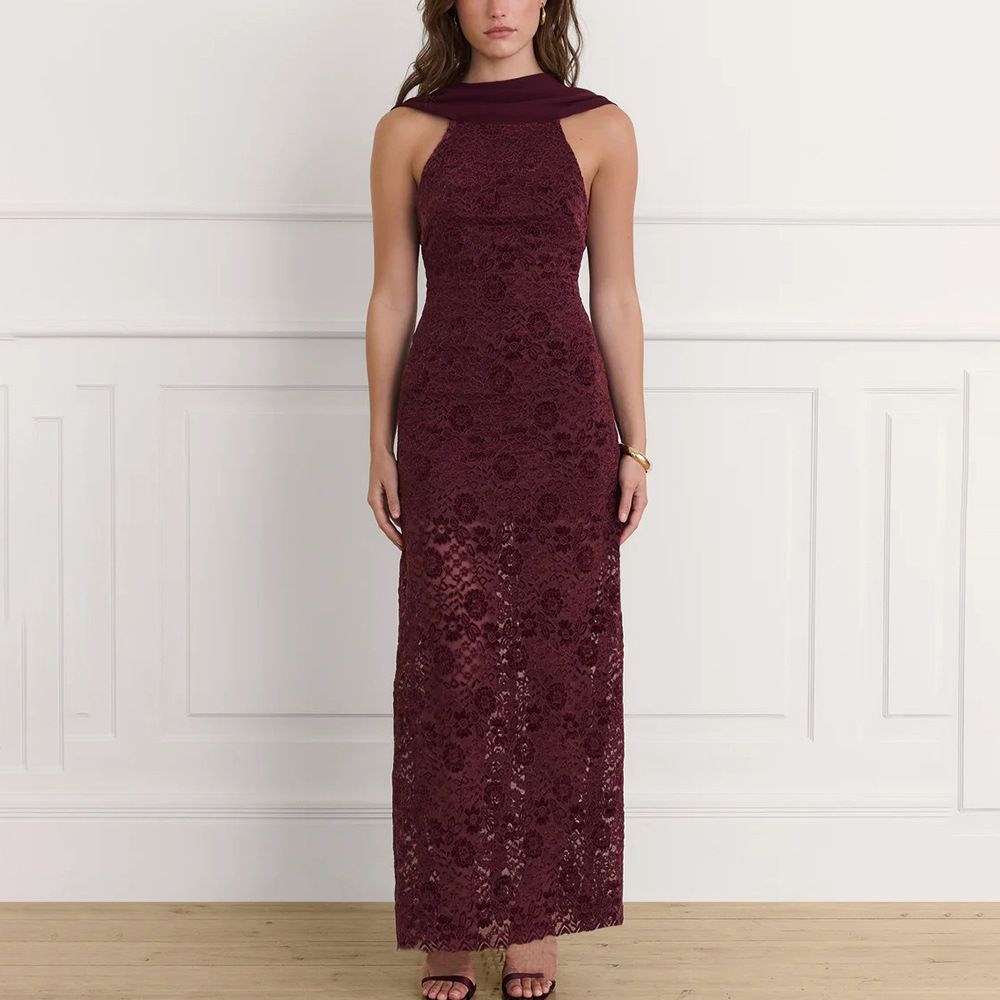 Women's Clothing Women's French Style Bodycon Dress Scarf Collar Sexy Backless Lace Patchwork Autumn Fashion Clothing_ecoleips.com