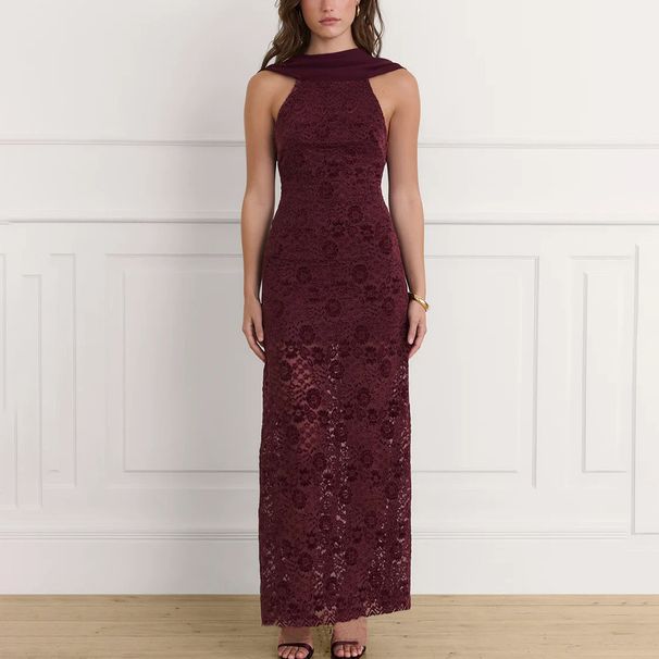 Women's Clothing Women's French Style Bodycon Dress Scarf Collar Sexy Backless Lace Patchwork Autumn Fashion Clothing_ecoleips.com
