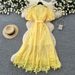 Women's French Romantic Style Puff Sleeve Lace Dress Belted A-Line Long Skirt Breathable Elegant Summer Dress Skin Friendly_ecoleips.com