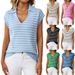 Breathable V-Neck Stripe Knit Top For Women, Lightweight Summer Sweater With Lapel Collar, Casual Chic Blouse_ecoleips.com