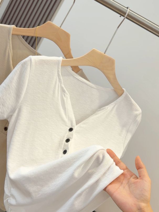 Women's Korean Style V Neck Short Sleeve T-Shirt Half Button Slim Fit Casual Top Fashionable Summer Waist Cinching Versatile_ecoleips.com