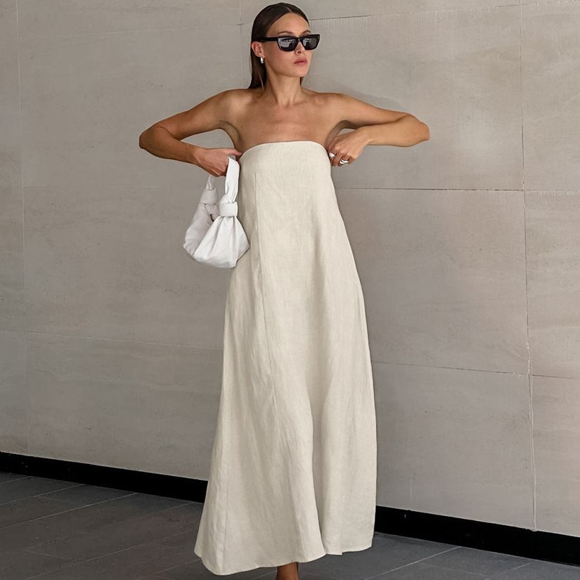 Women's Clothing Summer New Holiday Style Dress Khaki Cotton And Linen Tube Top Backless Long Dress Female_ecoleips.com