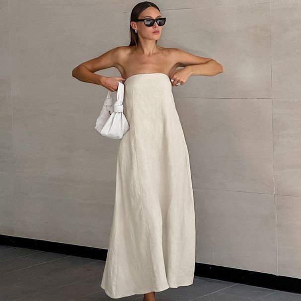 Women's Clothing Summer New Holiday Style Dress Khaki Cotton And Linen Tube Top Backless Long Dress Female_ecoleips.com