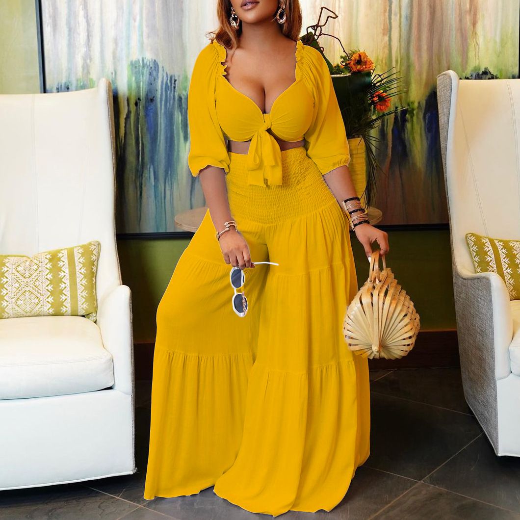Women's Clothing women's summer fashion casual street suit pleated sexy solid color foreign trade two piece suit_ecoleips.com