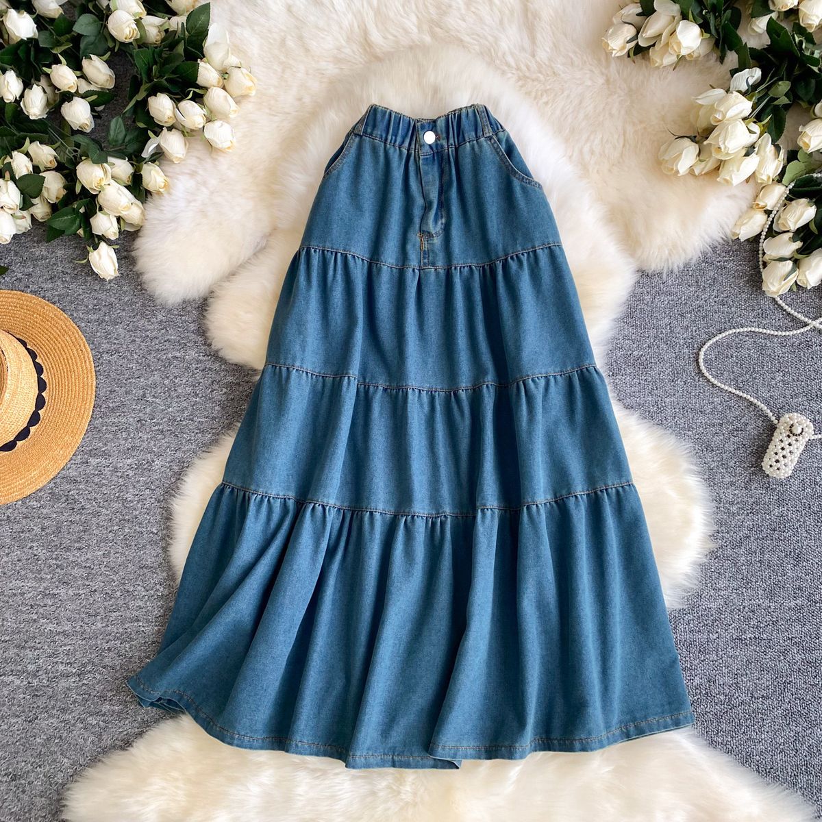 High-Waisted Slimming Denim Midi Skirt Korean Style A-Line Elastic Waist Long Skirt For Women Fashionable Versatile Summer Commuting_ecoleips.com