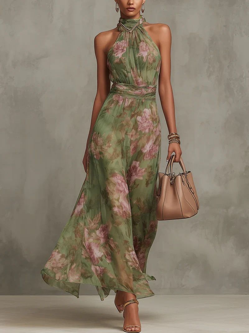 Women's Green Floral Print Halter Maxi Dress Sleeveless High Neck Ruched Waist Chiffon Flowy Evening Party Dress_ecoleips.com