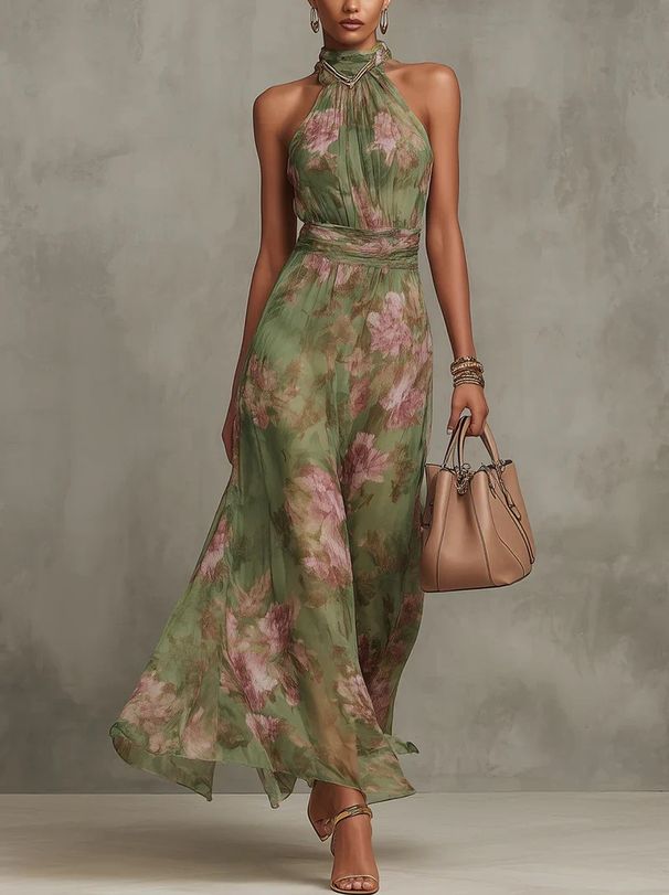 Women's Green Floral Print Halter Maxi Dress Sleeveless High Neck Ruched Waist Chiffon Flowy Evening Party Dress_ecoleips.com