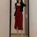 French Style Mid-Length Waist-Cinching Ruched Slimming Strap Dress For Women Black Long Sleeve Cardigan Two-Piece Set_ecoleips.com