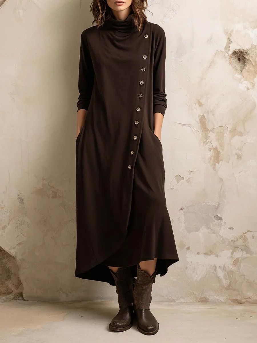 Women's Clothing Style High Neck Long Sleeve Dress For Women Elegant Stylish Solid Color Button Down Pocket Design_ecoleips.com