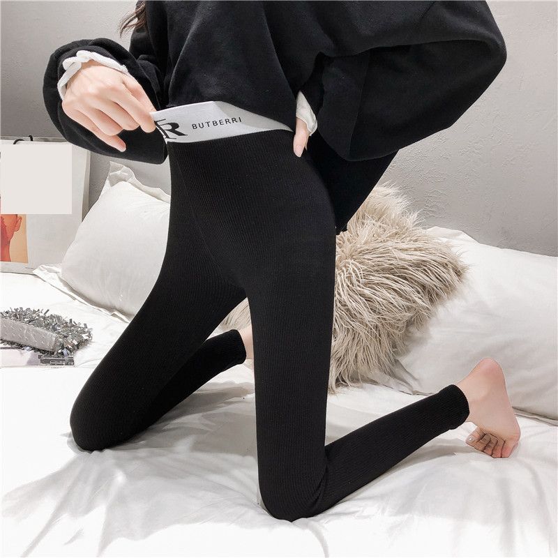 Women's High Waist Yoga Pants - Cotton Stretchy Leggings With Letter Print, Tummy Control & Ribbed Design, Medium Thick For Spring/Fall (Black, Grey)_ecoleips.com