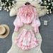 Women's Floral Print Fashion Set Lantern Sleeve Stand Collar Top High Waisted Shorts Two Piece Outfit For Commuting Court Style_ecoleips.com