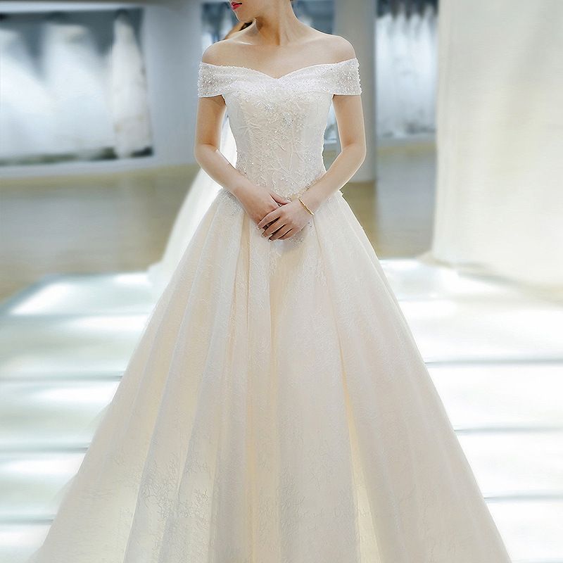 Lightweight Wedding Dress 2026 New Style Bridal Gown with Train Slimming Simple off Shoulder Forest Style Travel Photography Women's Dress_ecoleips.com