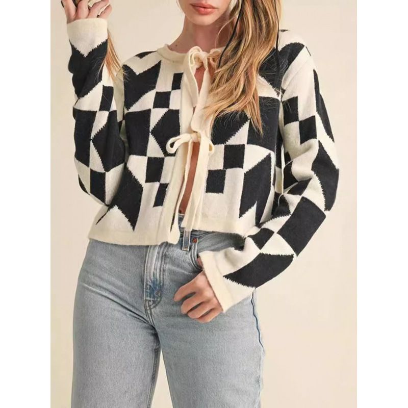 Geometric Patterned Knit Cardigan With Ties For Autumn/Winter Season, Stylish And Fashionable Long-Sleeved Sweater Avail_ecoleips.com