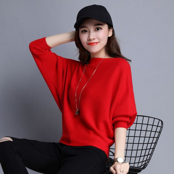 K Bat Sleeve Sweater Loose Solid Color Pullover Long Sleeved Knitted Sweater. No Necklaces Or Other Accessories_ecoleips.com