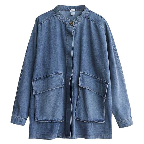 K Large Pocket Artistic Denim Jacket For Women, Loose New Style, Vintage Short Style, Plus Size Denim Jacket_ecoleips.com