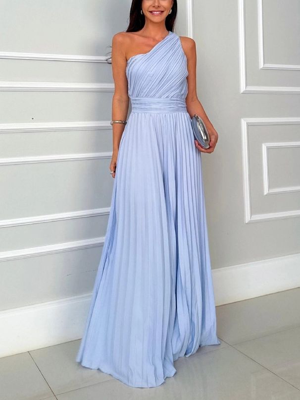 Women's Clothing New Style Elegant Oblique Shoulder Ribbon Pleated Casual Wide Leg Jumpsuit_ecoleips.com