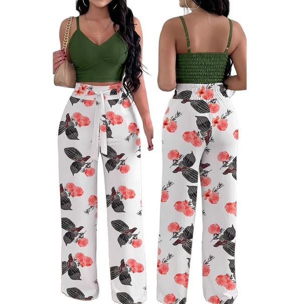 Women's Clothing Autumn Casual Army Green Suspender Top Casual Straight Elastic Pants Two Piece Set_ecoleips.com