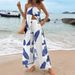 Women's Clothing Printed Sexy Long Halter Neck Top Suit Casual Straight Pants_ecoleips.com