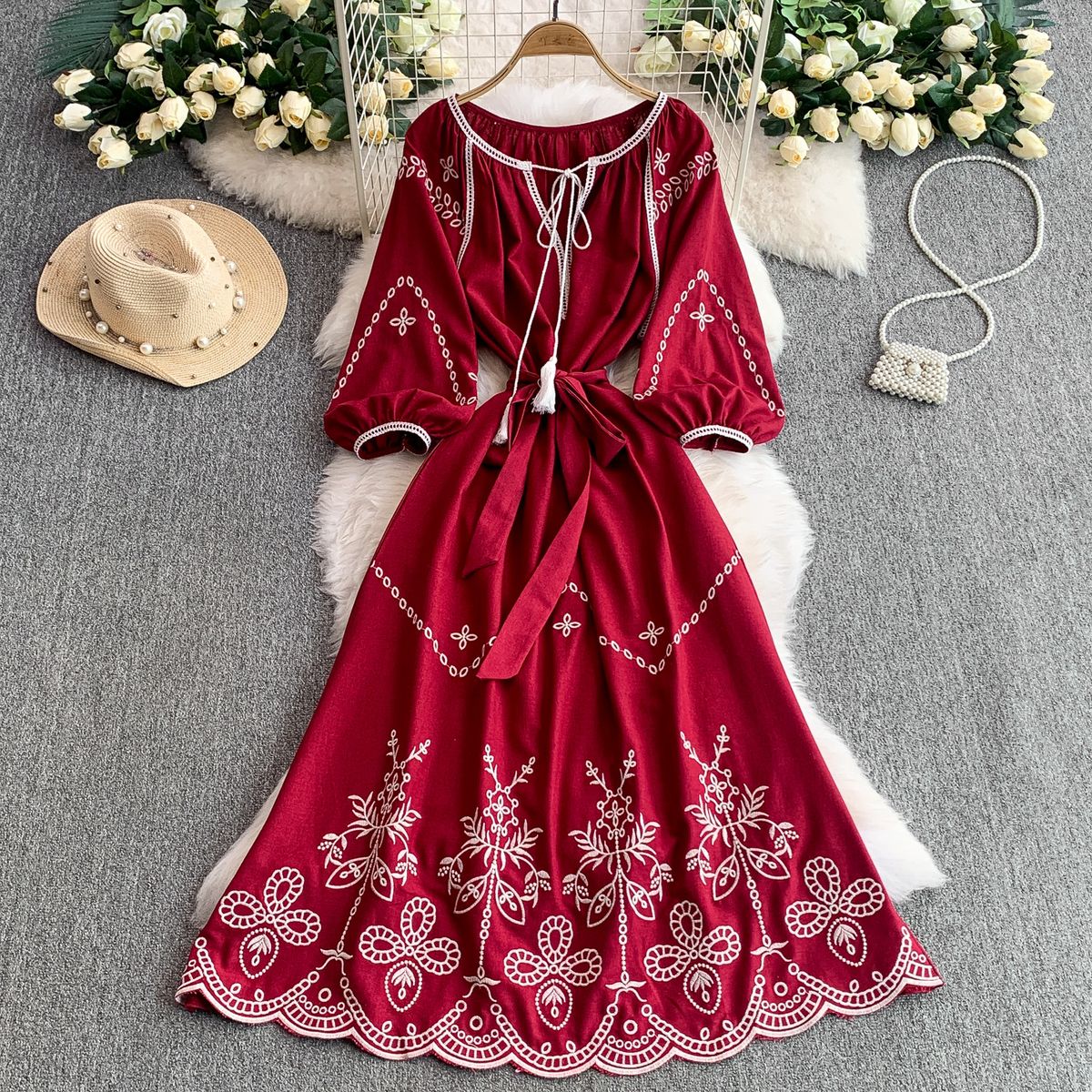 Premium Ethnic Style Vintage Inspired Women's Dress round Neck Lantern Sleeve Embroidered Waist Cinching Slimming a Line 2025 New Style_ecoleips.com