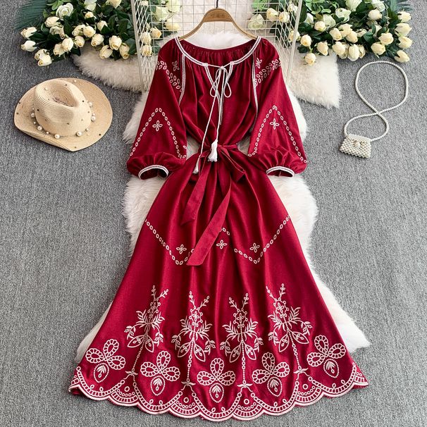 Premium Ethnic Style Vintage Inspired Women's Dress round Neck Lantern Sleeve Embroidered Waist Cinching Slimming a Line 2025 New Style_ecoleips.com