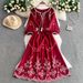 Premium Ethnic Style Vintage Inspired Women's Dress round Neck Lantern Sleeve Embroidered Waist Cinching Slimming a Line 2025 New Style_ecoleips.com