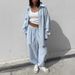 Women's Breathable Striped Shirt Tie-Waist Pants Set 100% Cotton Spring Fall Outfit Pink Blue S M L_ecoleips.com
