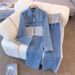 Women's Stylish Slim Fit Denim Splicing Two-Piece Suit Casual Straight Pants Contrasting Colors Popular Polyester Outfit_ecoleips.com