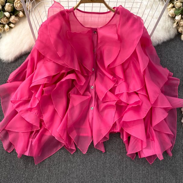 Women's Clothing Round Neck Irregular Lotus Leaf Loose Style Spring And Autumn Button Down Shirt Single Row Design Edge Long Sleeved Casual Top_ecoleips.com