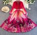 Elegant A-Line Skirt Dress For Women With Pearl Button Round Neck Waist Cinching Gradient Print Pleated Detail Casual Spring/Autumn Wear_ecoleips.com