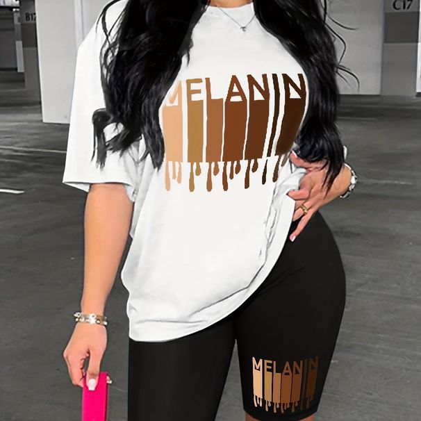Summer Women's Casual Fashion MELANIN Letter Printed Loose T-shirt Shorts Two-piece Set Summer Sportswear Suitable For Daily Wear-175_ecoleips.com