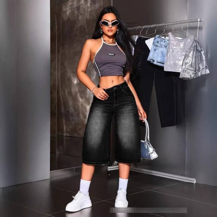 Retro High-Waisted Wide-Leg Denim Capri Pants – Vintage Washed Stretch-Free Jeans For Women (Black & Blue, Sizes 26-31)_ecoleips.com