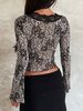 Elegant Women's Top, Sexy V-neck Printed Dress With Lace Trim, Long-sleeved Cardigan, Semi-sheer Top, Suitable For Spring And Autumn, Perfect For Daily Commutes._ecoleips.com