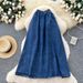 Vintage Denim A-Line Midi Skirt For Women, High Waist Flowy Boho Skirt, Retro Casual Chiffon Scarf Print Style_ecoleips.com