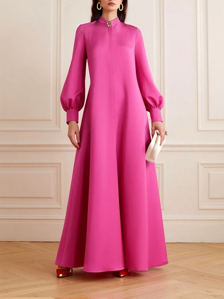 Freeacy Women's Fuchsia Stand Collar Maxi Dress Long Puff Sleeves A-line Pleated Evening Dress Autumn Elegant Party Gown_ecoleips.com