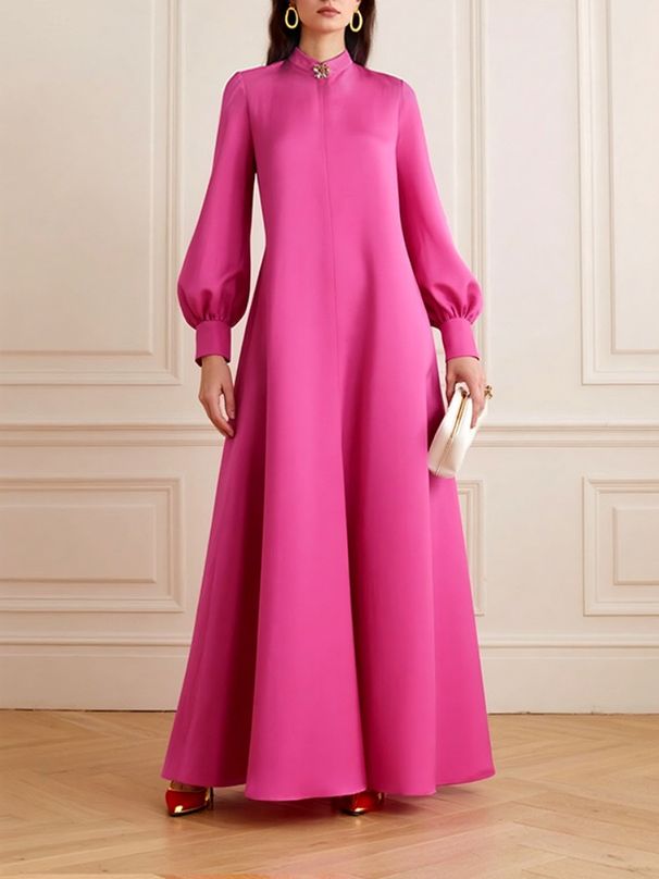 Freeacy Women's Fuchsia Stand Collar Maxi Dress Long Puff Sleeves A-line Pleated Evening Dress Autumn Elegant Party Gown_ecoleips.com