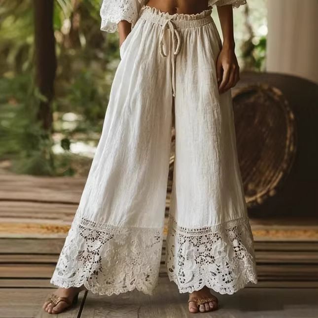 Women's Imitation Cotton Linen Lace Trousers Solid Color Spring Summer Fashion High Waist Wide Leg Pants_ecoleips.com