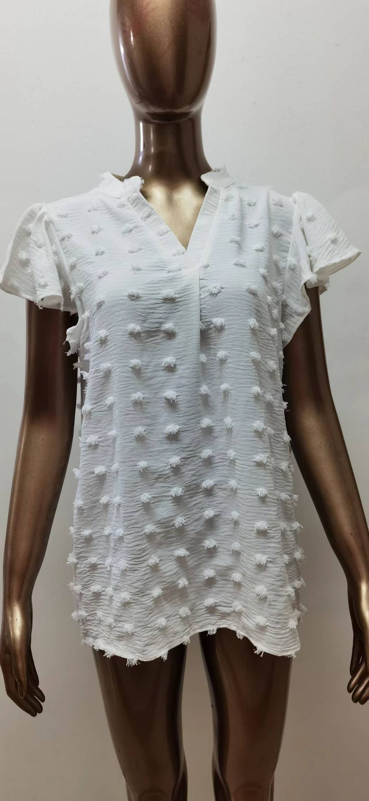 K Women's New V-neck Pleated Lotus Leaf Sleeve Fur Ball Top Shirt_ecoleips.com
