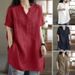 Cotton Spring And Summer Large Size Loose Fat MM Button Fashion V-Neck Short Sleeve Solid Color T-Shirt_ecoleips.com