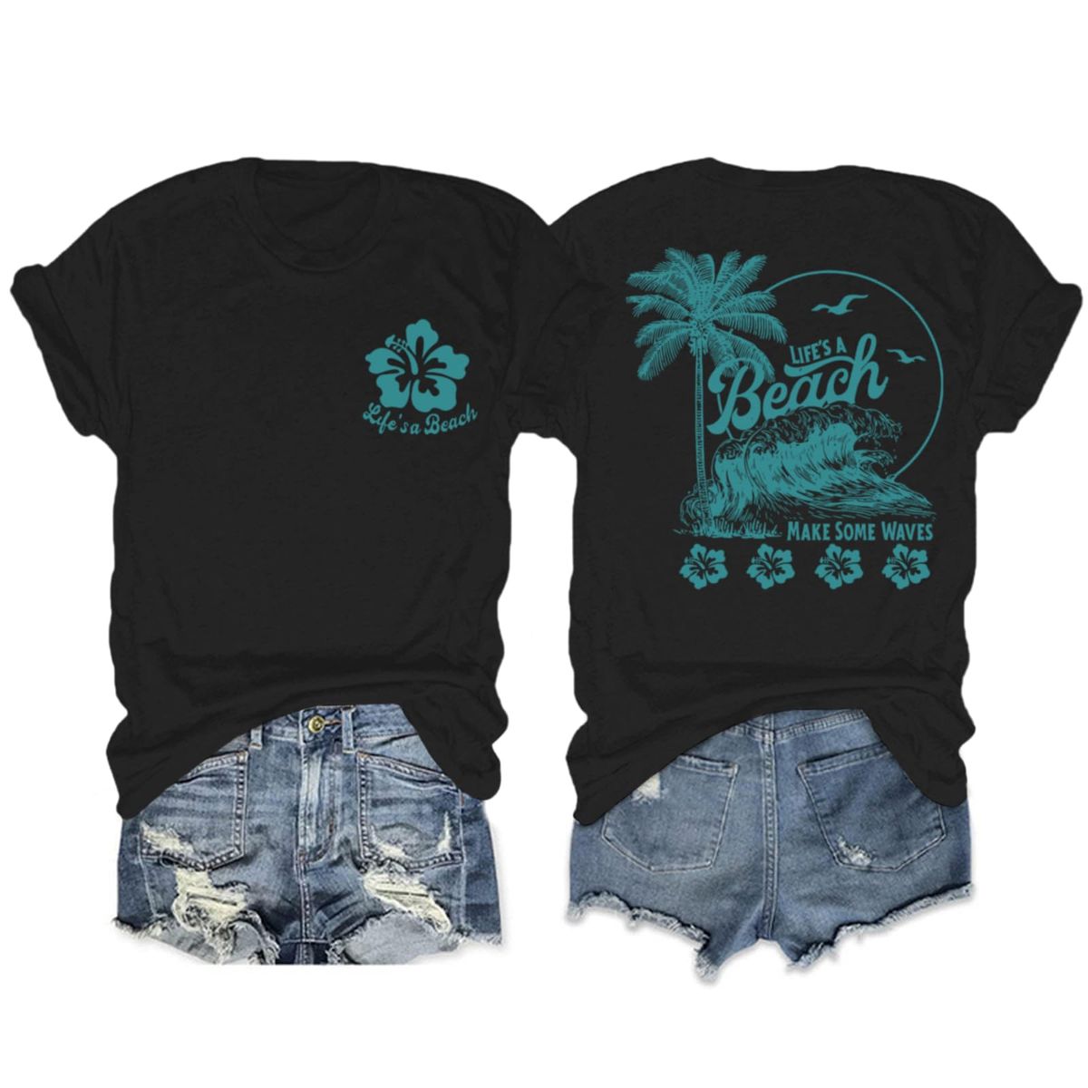 KEEVICI Hawaiian Beach T Shirts For Women Hibiscus Flower Palm Tree Shirt Tropical Graphic Tees Summer Beachy Vacation Tops_ecoleips.com