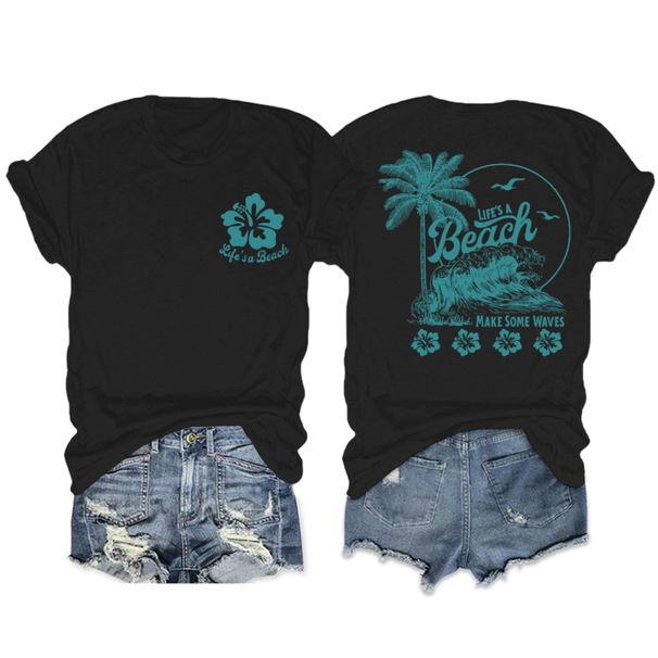 KEEVICI Hawaiian Beach T Shirts For Women Hibiscus Flower Palm Tree Shirt Tropical Graphic Tees Summer Beachy Vacation Tops_ecoleips.com
