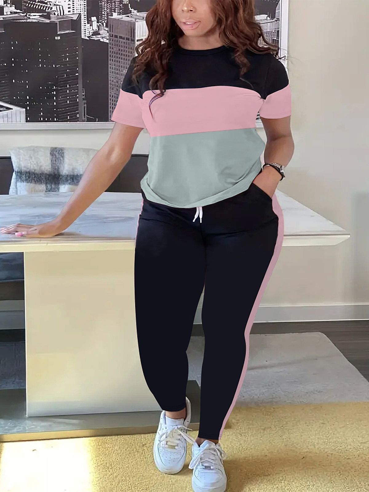 Women's plus Size Casual Two Piece Set Crew Neck Short Sleeve Shirt & Trousers Summer Independent Fashion England Style Polyester_ecoleips.com