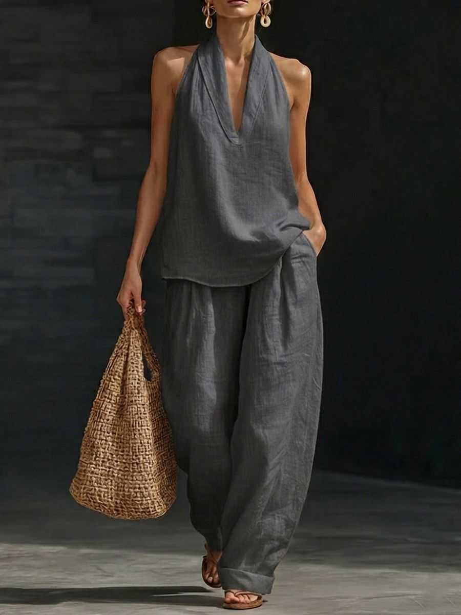 Women's Halter Neck Sleeveless Casual Suit V Neck New Clothing Relaxed Everyday Wear Comfortable Feshion_ecoleips.com