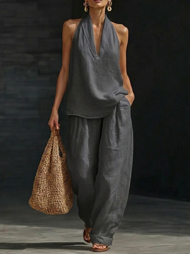 Women's Halter Neck Sleeveless Casual Suit V Neck New Clothing Relaxed Everyday Wear Comfortable Feshion_ecoleips.com