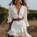 Women's Clothing Lace Trim V-Neck Flowy Midi Dress – Elegant Solid Color Summer Dress For Women_ecoleips.com